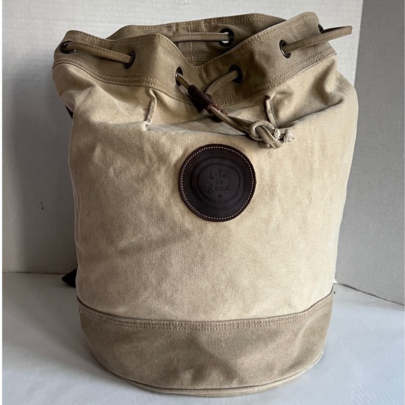 Life Is Good Handbags - Life is Good Canvas Bucket Backpack Khaki Cotton Leather Trim Drawstring Bag